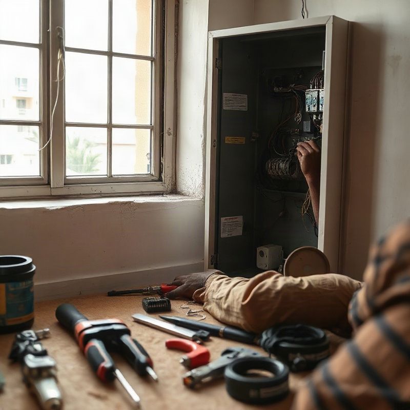 Certified electrician working on a panel inside a Nairobi apartment in natural light