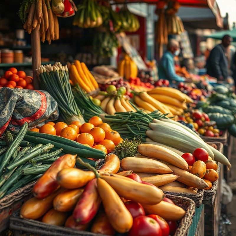 Colourful fresh produce arranged at a Nairobi market stall in golden light