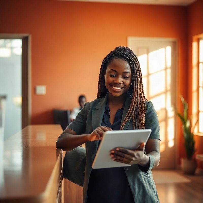 Receptionist at a Nairobi clinic checking a scheduling tablet in natural light