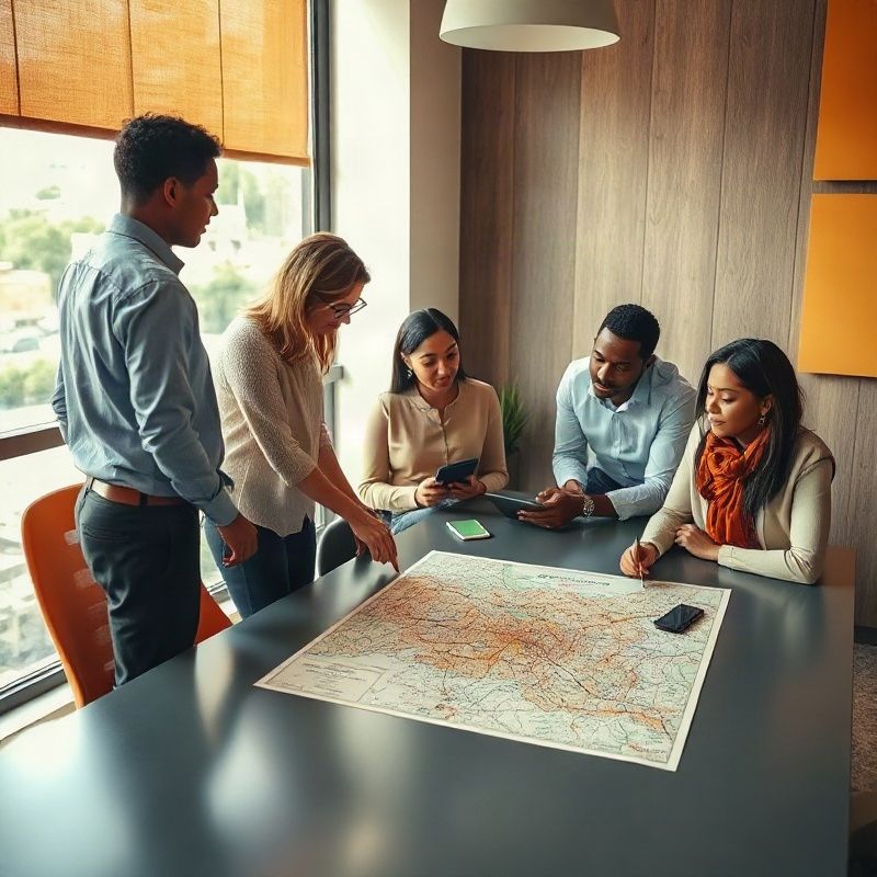 Small Pinecompassx team gathered around a map of Nairobi on a conference table